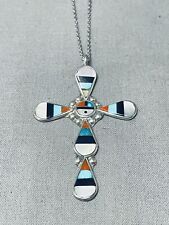 EXCEPTIONAL VINTAGE ZUNI TURQUOISE STERLING SILVER SUNFACE CROSS NECKLACE picture