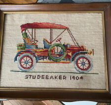 Vintage Wool Needlepoint Classic Car Studebaker 1909 Brunswick Madeira w/Frame picture
