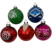 Vintage Christmas 5 Glass Mica Glitter Ball Ornaments Blue Pink Red USA picture