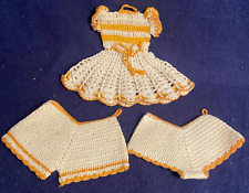 Vtg 3 piece set Hand Crocheted Potholders Wall Hangers White Gold Dress Bloomers picture