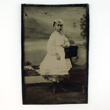Victorian Child Painted Backdrop Tintype c1870 Antique 1/6 Plate Photo A3637 picture