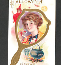Red Witch Halloween True Love Lady Luck Apple Cat Stecher 248 D Mirror Postcard picture