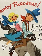 Mid Century Unused Anniversary Greeting Card Cowboy Couple on Horse Pardners picture