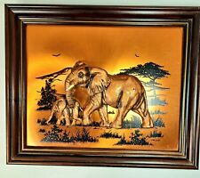 SIGNED JOHN LOUW 3D COPPER WALL ART ELEPHANT/ BABY W/TUSKS, FRAMED picture