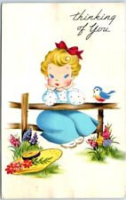 Postcard - Thinking of You with Girl Bird Flowers Art Print picture