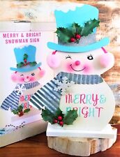 Cracker Barrel Merry & Bright Snowman Sign Christmas Holly Wood Glitter Tin picture