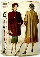 1947 Simplicity Sewing Pattern 2184 Womens Coat 2 Lengths Sz 16.5 Vintage 11437 picture