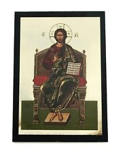 Greek Russian Orthodox Lithograph Wooden Icon Christ on Throne 10x7cm picture