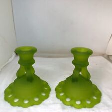 2 Vintage Westmoreland  Satin Green Open Lace Lattice Candlestick Holders picture