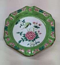 Vintage Chinese Canton Enamel Brass Trinket Ashtray Bright Green W/ Birds #1 picture