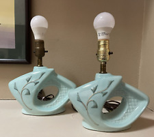 PAIR OF AWESOME MID CENTURY MODERN TEAL CERAMIC TABLE LAMPS VINTAGE WORKING picture