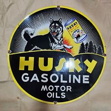 HUSKY GASOLINE PORCELAIN ENAMEL SIGN 30 INCHES ROUND picture