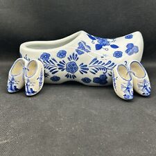 Vintage Ceramic Dutch Clog Shoe with 2 Baby Sets Clog H.Painted Blue and White picture
