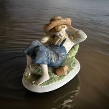 Vintage Lefton China KW3839 Farm Country Boy Overalls Sleeping Resting Figurine picture
