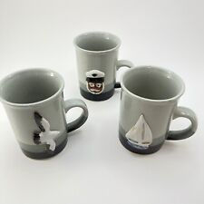 3-Mugs SailBoat Captain Seagull Dipped  Raised Pottery Art Coffee picture