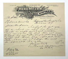 1912 Frank Miller Fine Whiskies Wines Letterhead Richmond, Virginia VA picture