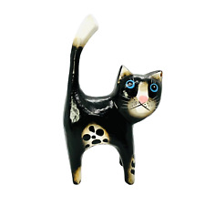 Bali Handmade Wooden Carved Cat Black, white tip of tail Indonesia 4in picture