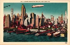 1940s Lower Manhattan Skyline New York City Blimp Vintage Postcard picture