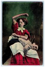 1910 Woman Stitching Pants Close Up The Rear Joice Iowa IA Antique Postcard picture