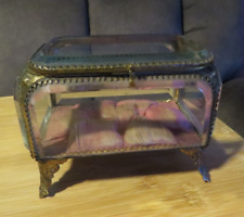 ANTIQUE LARGE ORMOLU THICK BEVELED GLASS GOLD TONE JEWELRY CASKET TRINKET BOX picture