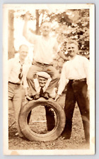 c1920s~c1930s Friends~Jokesters~Men doing Silly Tricks~Vintage Tire Photo picture