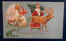 Santa Claus with Angel~Sled~Child~Reindeer~Toys~Antique Christmas Postcard~k468 picture