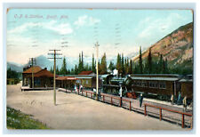 1908 Mountain Train Locomotive C.P.R Station Banff Alberta Canada Postcard picture