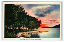 Postcard Greetings from Walloon Lake Michigan c1940 Sunset Boats Linen Tichnor picture