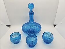 Vintage Italian Blue Diamond Point Genie Bottle Decanter W/ Glasses Italy picture