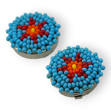 Vintage Southwestern Handmade 2 Seed Bead Button Covers Blue and Red Sun Design picture