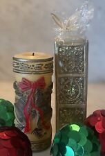 Pair of Vintage Gold Decorated Christmas Pillar Candles (1 New/1 Slightly Used) picture