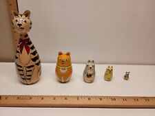 Vintage Wooden Russian Style Nesting Tiger Cats Mouse Animal Dolls Made In China picture