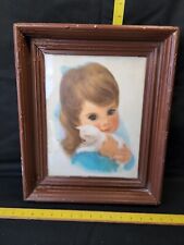 Vintage 1960s Francis Hook Large Eyed Girl With Kitten Wood Framed  picture