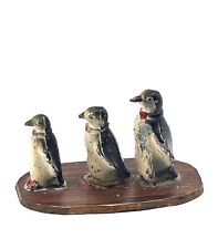 Antique Set of PENGUINS on Wood Piece-1920's-30's- Pewter?-Has Wear-SEE PHOTOS picture