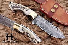 HUNTEX Custom Handmade New Feather Pattern Damascus 255mm Long Deer Antler Knife picture