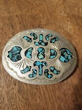 German Silver Turquoise Inlay Western Belt Buckle  -Beautiful 4 X 2.75 Inches picture
