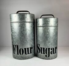 Vintage Vandor Galvanized Metal Flour & Sugar Kitchen Storage Canisters picture