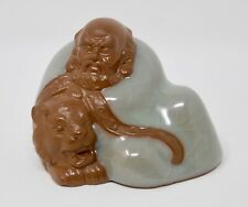 Vintage Chinese Clay Mud Old Man Paperweight Tiger Celadon Zhang Daoling Figure picture
