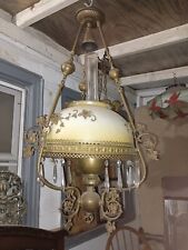 Antique Bradley&Hubbard Hanging Parlor Oil Lamp Hand Painted Golden Roses picture
