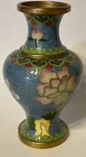 Vintage Chinese Style Cloisonné Enamel Brass 4” Vase W/Florals picture