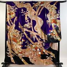 Japanese Kimono Furisode Folding Fan An Ox Drawn Coach Gold Thread Purple Color picture