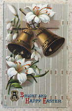 Vtg Easter Card Postcard Embossed Copper Bells & Lillies A Bright & Happy Easter picture