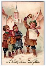 c1910's New Year Childrens Caroling Bell Winter Embossed Antique Postcard picture