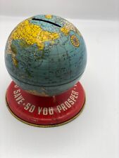Vintage Ohio Art Co Globe World Bank Tin Toy Coin Savings Metal 4” USA picture