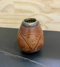 Vintage Leather Clad Vase Asian Etched Handmade Tiny picture