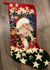 VINTAGE Needlepoint Christmas Holiday Stocking Santa Bells &  Stars picture