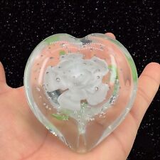 Vintage Art Glass Heart Shape Paperweight Figure White Flower Small Bubbles 3