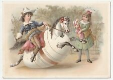 c1880s~Napoleonic Kid Riding Egg Horse~Easter Themed~ Victorian Trade Card picture