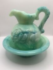 Vintage Avon Turquoise Slag Glass Jadeite Pitcher/ Bowl Set W/ Victorian Rose picture