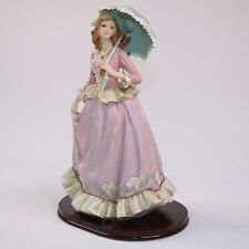 Vintage Lady With Umbrella Wood Base 9 Inches Tall Figurine Pink Ruffle Dress picture